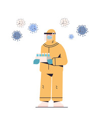 scientist developing new coronavirus vaccine in lab researcher in protective suit holding test tubes