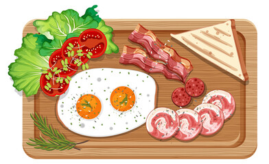 Top view of breakfast set in a cutting board isolated