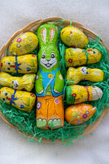 Easter decorative chocolate eggs and bunny in a basket