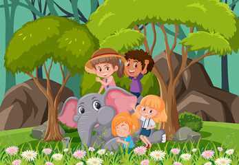 Forest scene with children playing with an elephant