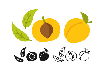Apricot cartoon set line icon, black glyph style. Summer apricots icon collection flat food. Comic hand drawn design for packaging card poster label. Organic healthy peach Isolated vector illustration