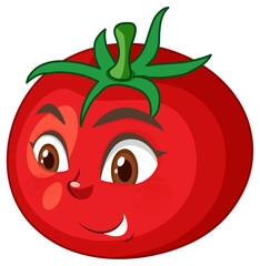 Tomato cartoon character with happy face expression on white background
