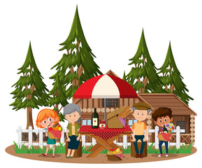 Old couple doing picnic with many children in the park isolated