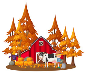 Farmer house with a farmer and farm animals on white background