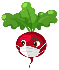 Radish cartoon character wearing mask on white background