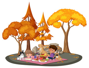 Children doing picnic in the park with many autumn trees