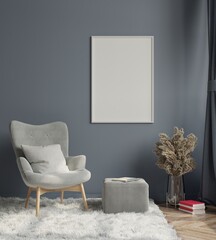 Mock up poster in modern living room interior design with armchair and dark empty wall.