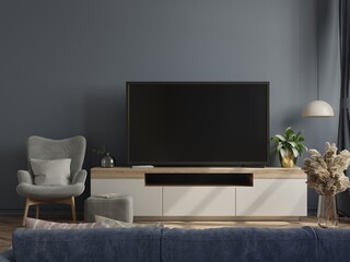 Mockup tv on cabinet in modern empty room with the dark wall.
