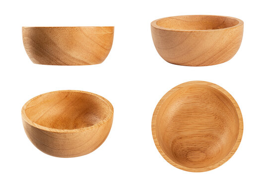 Set of Empty wooden bowl isolated on white background.