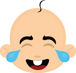 Vector emoticon illustration of a cartoon baby's head with a happy expression and tears of joy