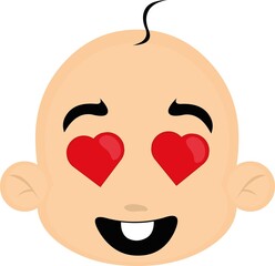 vector illustration of the head of a cartoon baby with an expression of love and joy, with his eyes in the shape of a heart