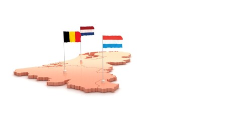 Benelux map. benelux three countries map and flag 3D illustrations on a white background.