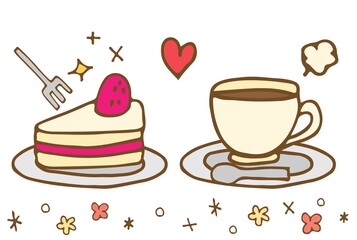 手描きのケーキとコーヒーのセット