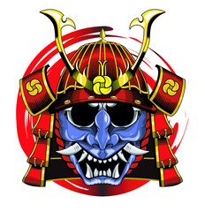 Skull with red samurai helmet and oni mask