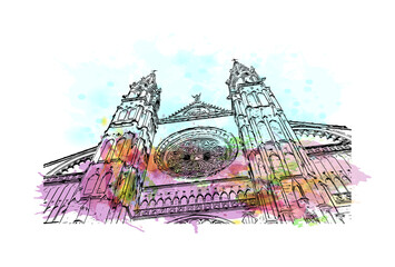 Building view with landmark of Palma is the  city in Spain. Watercolour splash with hand drawn sketch illustration in vector. © dhanu3182