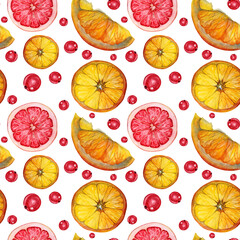 Seamless pattern watercolor citrus orange and grapefruit slice, currant berry on white background. Hand-drawn food object for menu, sticker, wrapping, card, wallpaper