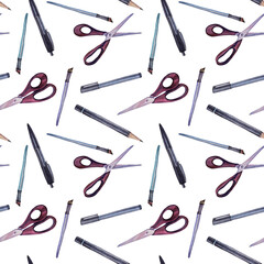Seamless pattern watercolor pen, pencil, scissors, brush isolated on white background. Art creative stationery object for shop, office, sticker, card, wallpaper, wrapping