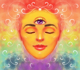 symbol of spiritual awakening, opening of the third eye. Meditation, Zen. Multicolor portrait of woman with third eye and closed eyes