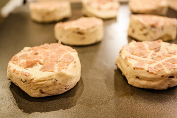 Delicious uncooked cinnamon roll on a pan waiting to be cooked