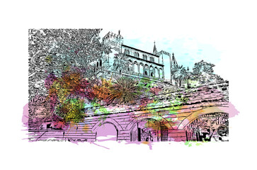 Building view with landmark of Palma is the  city in Spain. Watercolour splash with hand drawn sketch illustration in vector. © dhanu3182