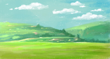 hand-drawn fresh bright landscape with hills, fields and sky with white clouds. Dawn, day