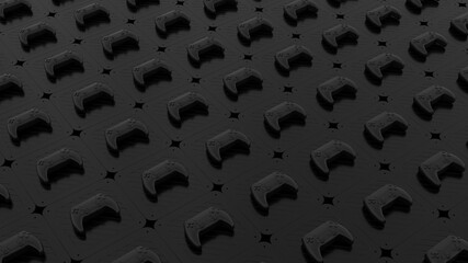 Black set gamepads pattern on a black background with pattern dots and holes. Gamepad for game console. Gamers and games concept. 3d rendering © MIKHAIL