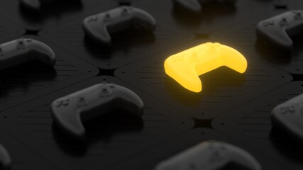 Black joysticks on a black textured surface. Yellow glowing objects on the background. Depth of field. Gamepads on glossy table background. Gamer concept. 3d render © MIKHAIL