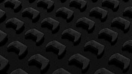 Black set gamepads pattern on a black background with pattern dots and holes. Gamepad for game console. Gamers and games concept. 3d rendering © MIKHAIL