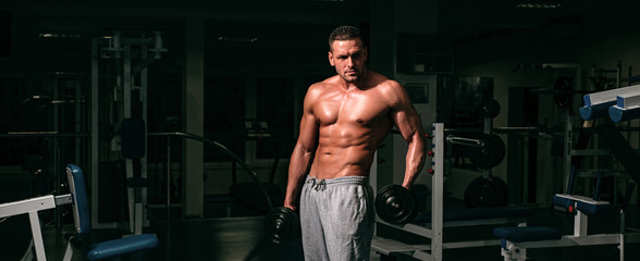 Fototapeta na wymiar Fitness workout with dumbbells. Gym training. Man torso with six packs. Sporty lifestyle.