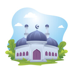 Mosque building with floral element, Ramadan Mubarak flat design illustration