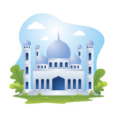 Mosque building with floral element, Ramadan Mubarak flat design illustration