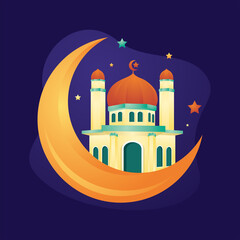 Mosque On Moon, Ramadan Mubarak flat design illustration