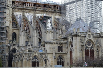A close up on Notre Dame during some reconstruction work.