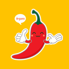 cute and kawaii chili character flat design vector illustration. can be used in restaurant menu, cooking books and organic farm label. Hot chili pepper cartoon character