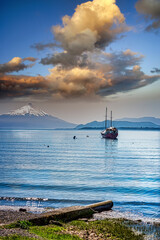  Boat on Lake Osorno, Puerto Varas, Chile with Osorno Volcano across Lake Llanquihue 