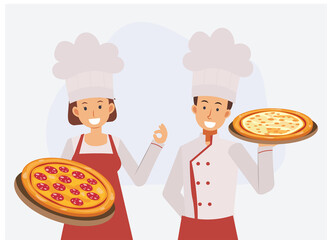 male and female in professional uniform and chef hat with holding pizza ,ok hand sign. Flat Vector cartoon character illustration.