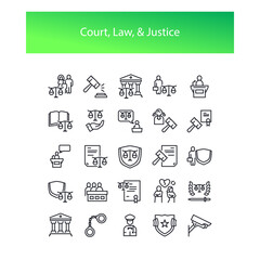 Law and justice icon set. contain icons such as judge, measurement, police, divorce, witness, court, lawyer, CCTV, and judgement etc. suitable for web and apps. Editable stroke