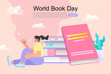 Woman sitting near giant stack of books. Concept for a book festival, fair, reading challenge. online reading or library, e-book, online education. World book reading day Vector illustration