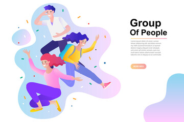 Group of three happy talking friends. Team of colleagues, students, happy men and women. Multinational society. Friendship, teamwork and cooperation. Vector flat illustration.