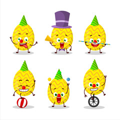 Cartoon character of yellow easter egg with various circus shows