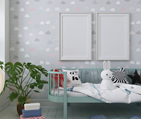 3d rendering of  nursery room with poster mockup 