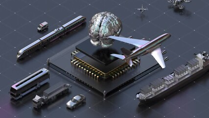 Various transportation controlled by the central Digital Brain with 'Digital Transformation'. Future smart transportation on lighting board. 4k animation. - Powered by Adobe
