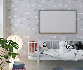 3d rendering of  nursery room with poster mockup 