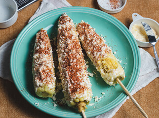 Cooked corn prepared with mayonnaise, cheese and chili powder