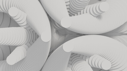 Abstract creative modern parametric white light 3D three-dimensional background.Architectural design. A complex geometric rounded volume cut into many parts forming steps. 3d illustration