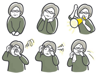 目鼻のつらい年配女性いろいろな表情のイラスト