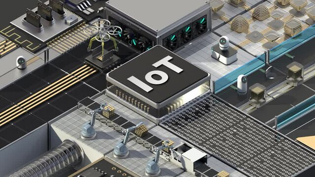 Smart factory controlled by Robotic process automation(RPA). 'IoT' typo with an Artificial Intelligence cpu chip in the center. 4k animation.
