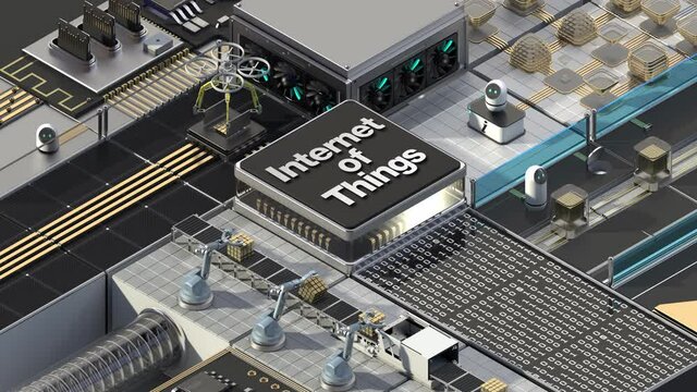 Smart factory  controlled by Robotic process automation(RPA). 'Internet of Things' typo with an Artificial Intelligence cpu chip in the center. 4k animation.