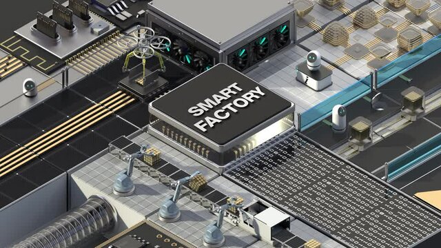 Smart factory controlled by Robotic process automation(RPA). 'SMART FACTORY' typo with an Artificial Intelligence cpu chip in the center. 4k animation.