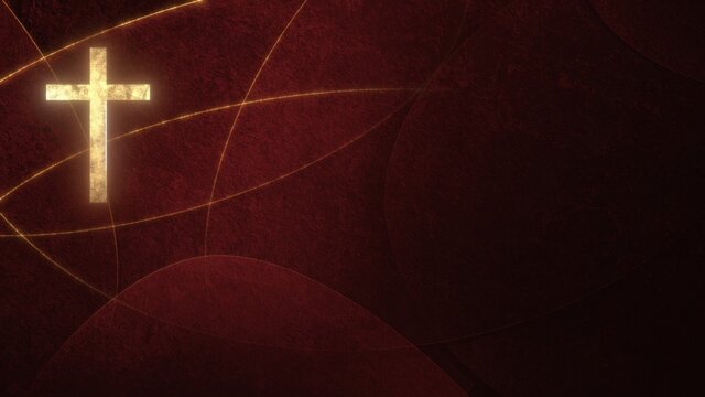 Golden Christian Cross on liturgic red copy space banner background. 3D animation for online worship symbolizing the passion for Christ in Confirmation, Good Friday, Palm Sunday, and the Pentecost.